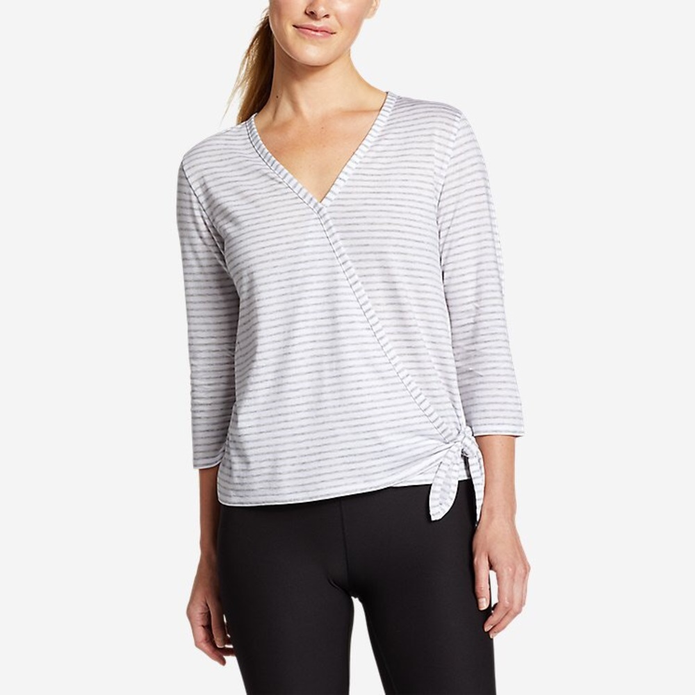 Eddie Bauer Gray & White Stripe Wrap Top